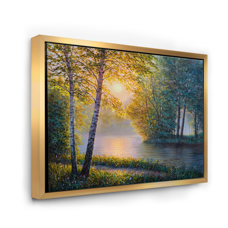 «Morning Summer With Beautiful River Spring Forest», peinture sur toile, Cadre flottant doré, H 16 po x l 32 po x p 1 po