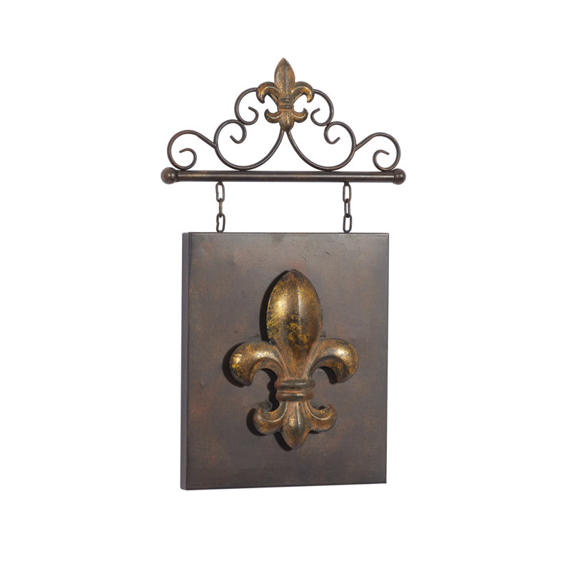 Décoration murale en métal suspendue fleur de lys bronze avec support à volutes