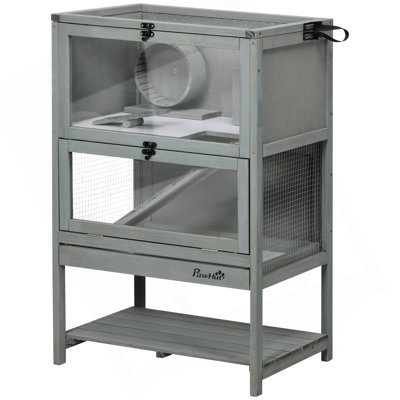 Cage à hamster en bois avec tablette de rangement, grande cage à hamster avec bascule, cage pour petits animaux avec plateau coulissant, rampe large pour la course, roue de course, H 35,5 po