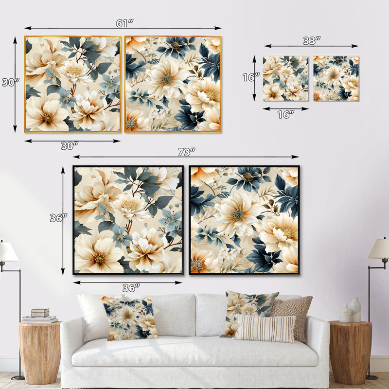 Immortelle - Ensemble de 2 collages carrés floraux, Cadre flottant noir, H 16 po x l 33 po