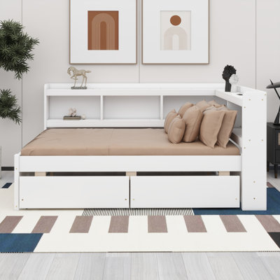 Full Size Daybed With Drawers, Solid Wood Corner Bed Frame With L-Shaped Bookcase