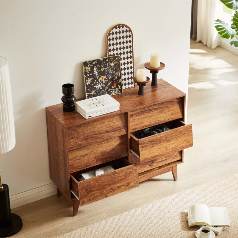 Commode double 6 tiroirs de style rétro avec design biseauté pour un rangement organisé et élégant, Brun
