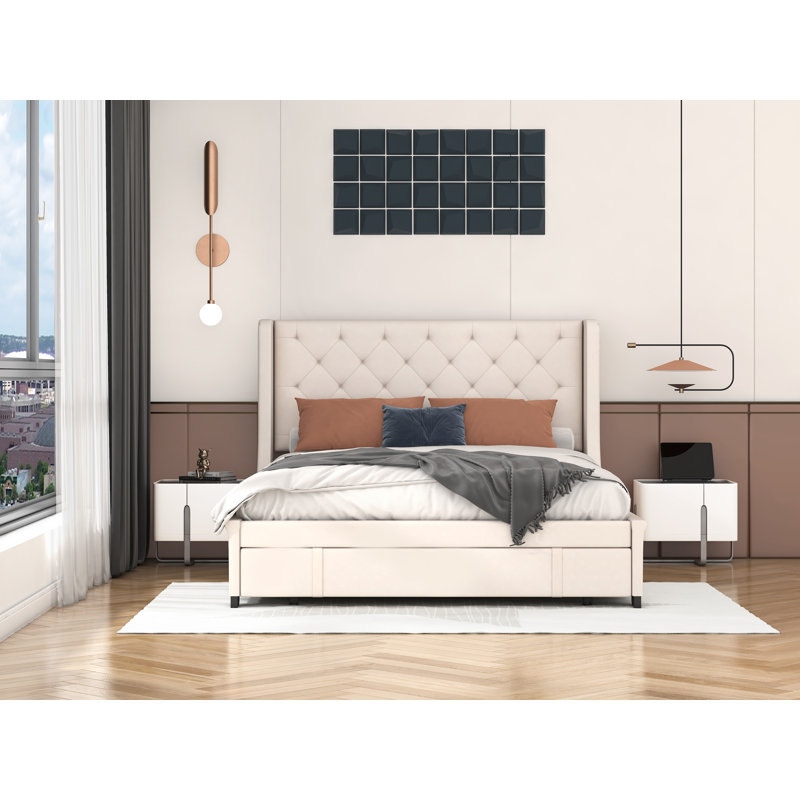 Grand lit de rangement rembourré Tadley, Beige