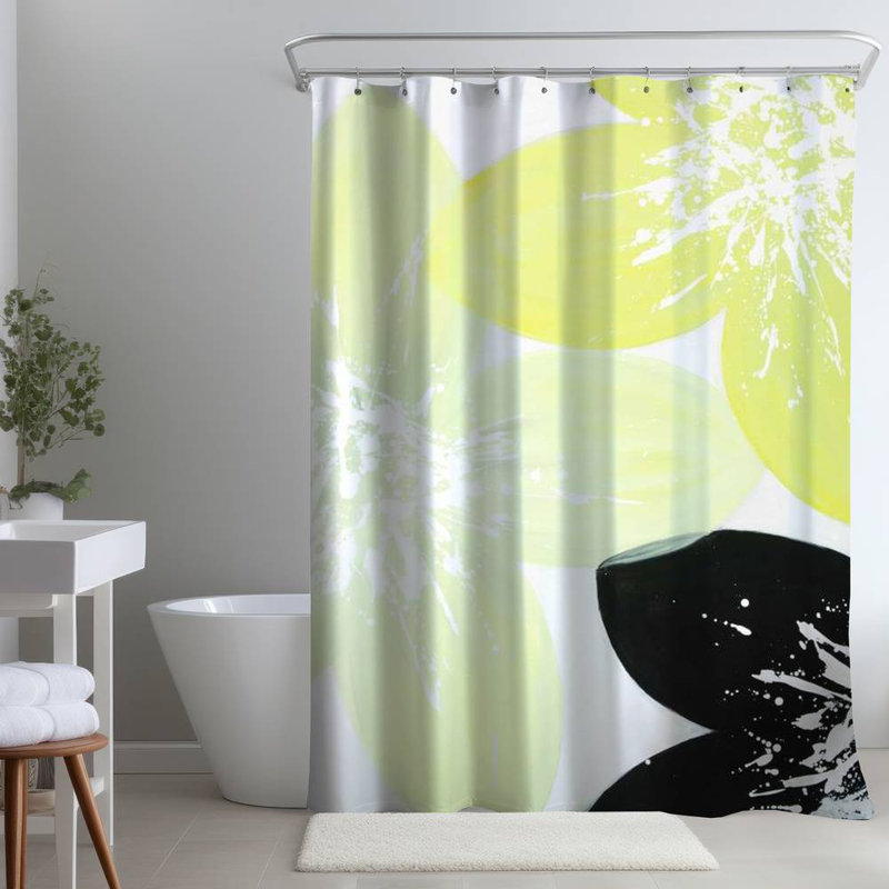 Yellow Floral Botanical – Polyester Shower Curtain, Dye Sublimation Print, 71" W × 74" L, White/Yellow/Black Floral 38