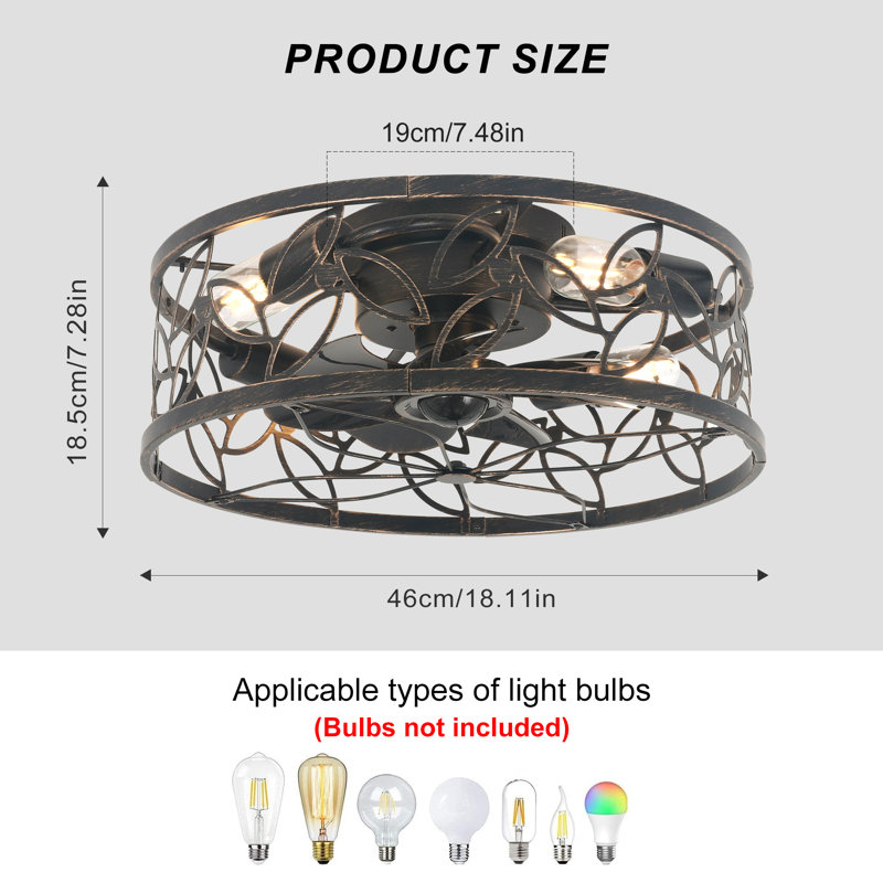 Ventilateur de plafond en cage 18,11 po avec ensemble d'éclairage et télécommande Jakwan, Noir avec or brossé