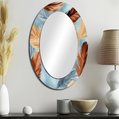 Retro Boho Feathers In Blue And Orange II - Brown Oval Wall Mirror Decor