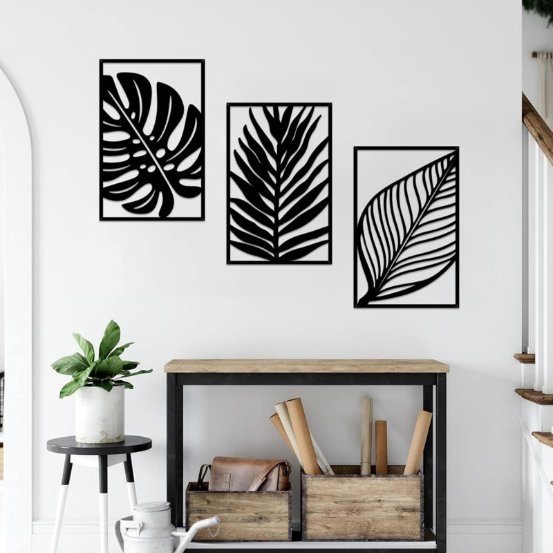 Boho Metal Leaf Wall Art Decor, Rustic Palm Leaf 3 Pcs 43 x 28 cm for Bedroom, Black