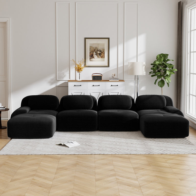 Compression Sofa, U Shape Sofa, Corduroy Fabric Sofa, For Living Room, Black Corduroy