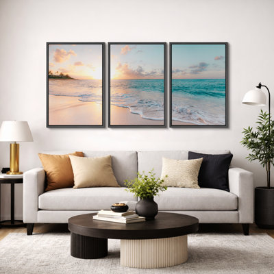 Coastal Beach "Aesthetic Sunset on Teal Ocean Shore Artwork, Vibrant Modern Nautical Wall Pictures, Large Framed Canvas Giclee Print 3 Pieces Wall Art Set" 16"x24"x3 pcs, 24"x36"x3 pcs, 20"x60"x3 pcs 