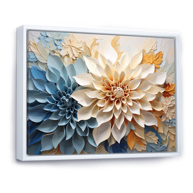 Simple dahlia beige et bleu simple sur toile, Cadre flottant blanc, H 34 po x l 44 po x P 1,5 po