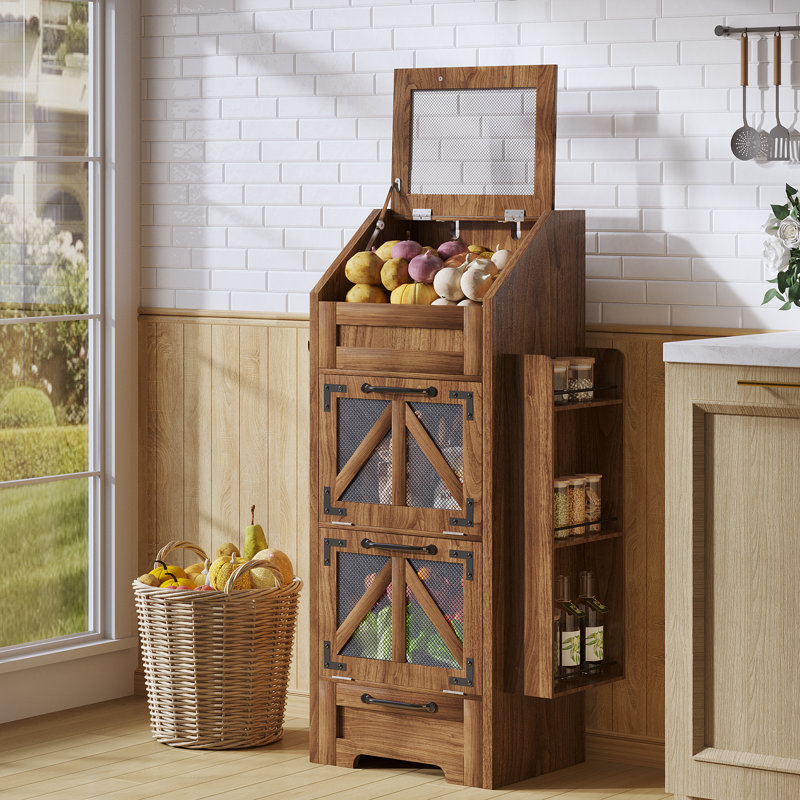 Armoire de rangement pour pommes de terre de 99 cm (39 po), organisateur de rangement pour oignons de style campagnard avec tiroir, crochets, étagère latérale, porte-légumes en filet respirant, boîte à pain en bois, pour la cuisine