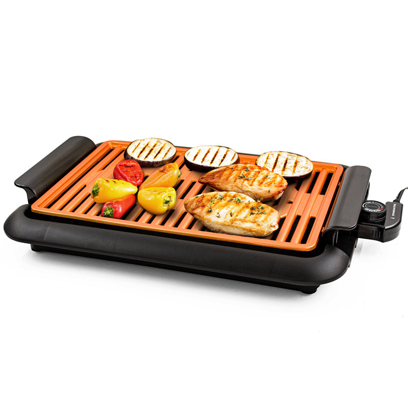 OVENTE Electric Indoor Grill with 15x10 Inch Non-Stick Cooking Surface, 1200W Fast Heat Up Power, Adjustable Temperature, Removable and Dishwasher Safe Grilling Plate and Drip Tray, Copper GD1510NLCO