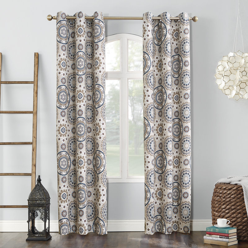 Sun Zero Nepal Global Medallion Print Blackout Grommet Curtain Panel, 40" W x 63" L, Gray/Beige