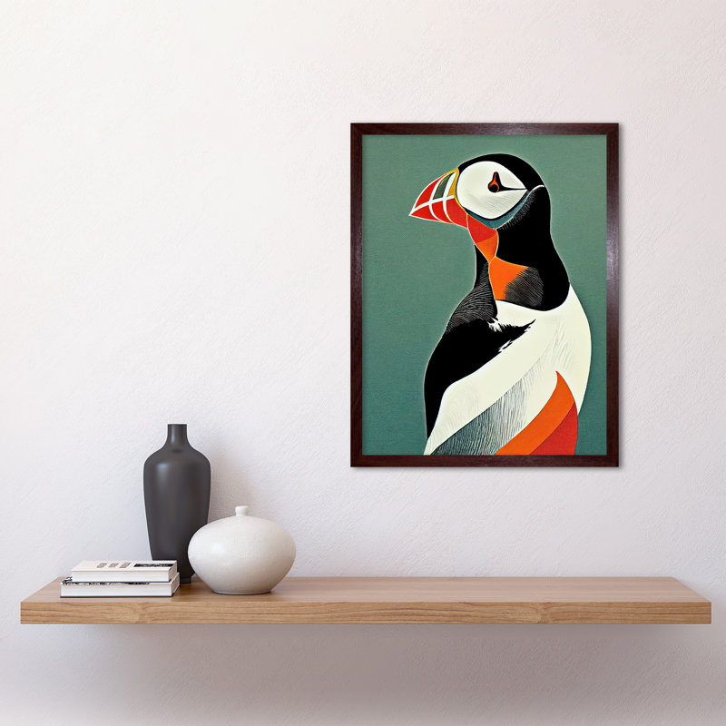 Bright Colourful Atlantic Puffin Bird - Print, 43cm H x 33cm W, Brown Framed Paper