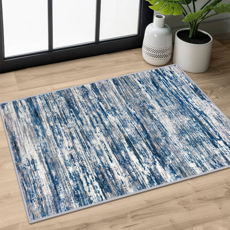 Tapis décoratif moderne à motif lavable 2x3 , Bleu marine / gris / neutre / multicolore, Rectangulaire 2 pi x 3 pi