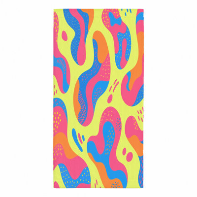 Ensemble de 1 serviette de plage à motif abstrait aux formes vibrantes en rose, bleu et orange sur fond jaune vif. Grande microfibre à séchage rapide, parfaite pour la natation, les voyages et les voyages unisexes.