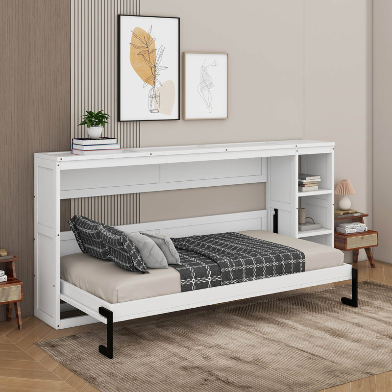 Lit escamotable simple avec bibliothèque, Blanc, Simple