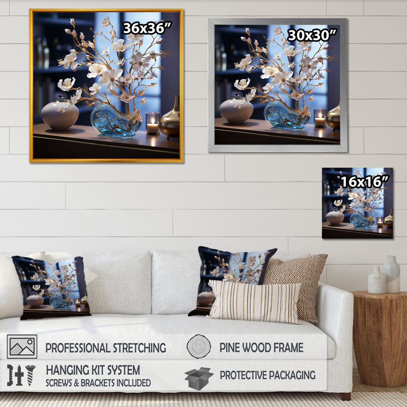 Bleuets aux accents dorés sur toile, Cadre naturel flottant, H 16 po x l 16 po x P 1 po