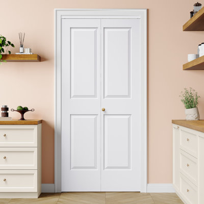 Portes de placard pliantes 56 po x 80 po, apprêt blanc, 6 panneaux, structure alvéolaire, bois d'ingénierie, ouverture et fermeture en douceur, installation facile avec trousse de quincaillerie incluse (idéal pour garde-manger, garde-manger, buanderie, salon et salle de bain)