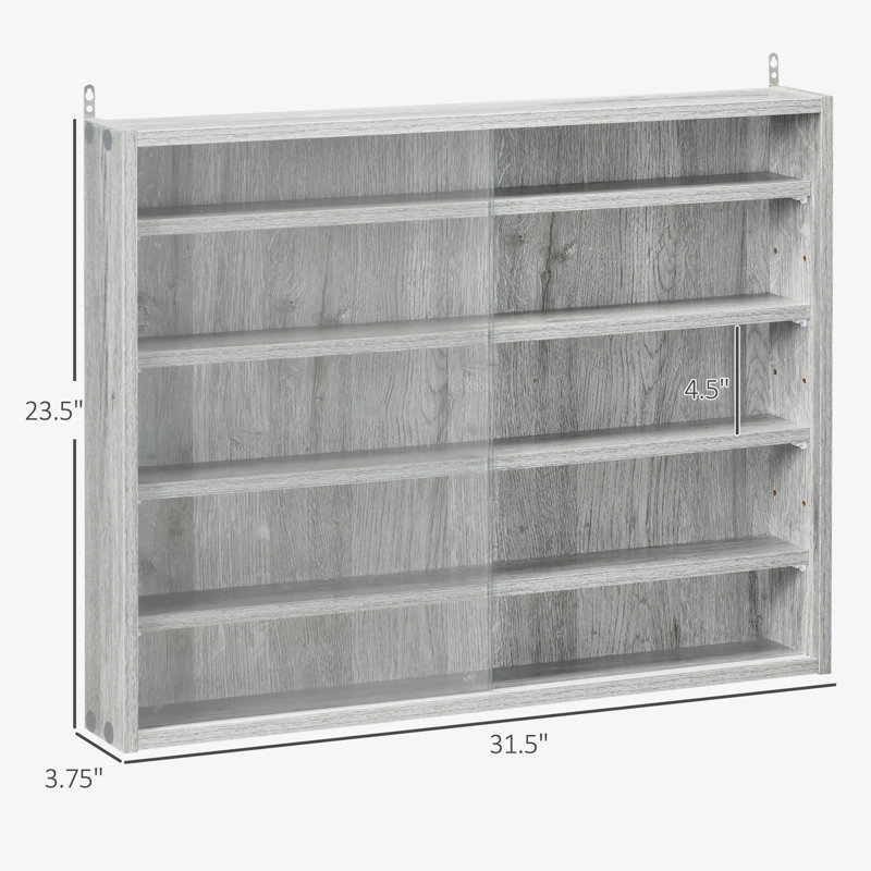 Vitrine à 5 niveaux, vitrine en verre avec 2 portes et tablettes réglables, fixation murale, gris