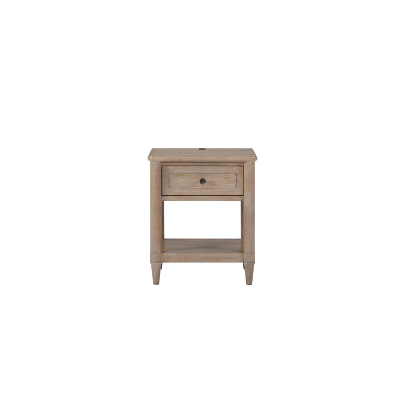 Table de chevet en placage avec finition sable, charge pour les appareils portables, tiroir et tablette ouverte, petit 17 po de large sur le dos, organisation de la chambre à coucher, largeur