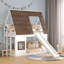 Lit superposé simple en bois avec toit, échelle et glissade, blanc et brun