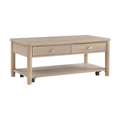 Natural Wood Living Room Table With Two Drawer Storage And Open Shelf Wooden Cocktail Wire-brushed Finish Compartments