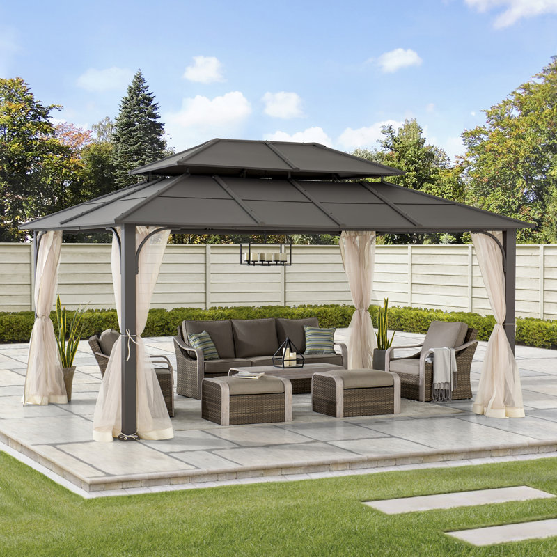 Sunjoy 12 x 16 ft. Black Steel Hardtop Gazebo with Netting