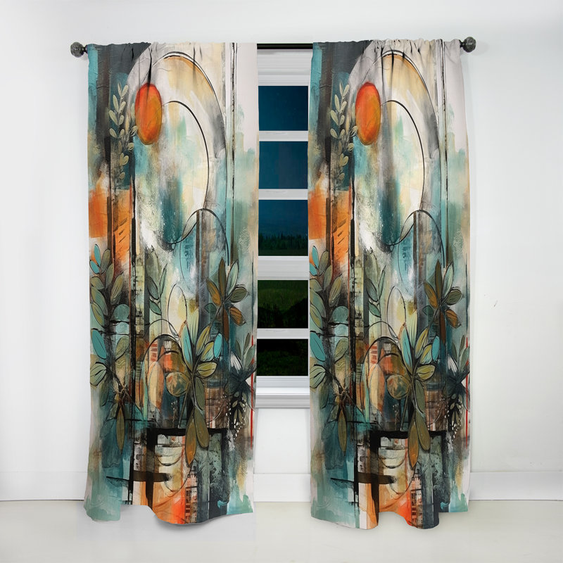 Bevington - Bohème abstrait orange et vert II - Rideau de plumes Boho - Velours obscurcissant - 1 panneau, L 52 po x L 108 po