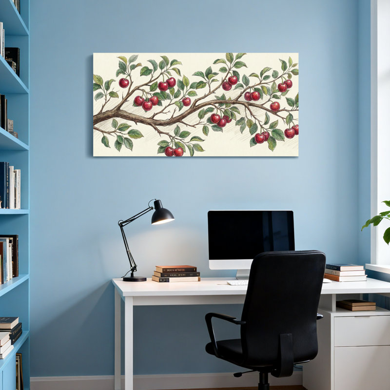 Plantes et fleurs branche de cerisier avec fruits rouges et feuilles vertes, H 28 po x l 58 po