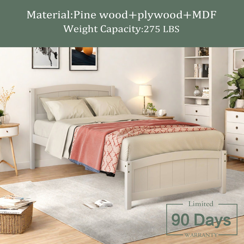 Lit plateforme en bois avec tête de lit, pied de lit et lattes en bois, Blanc