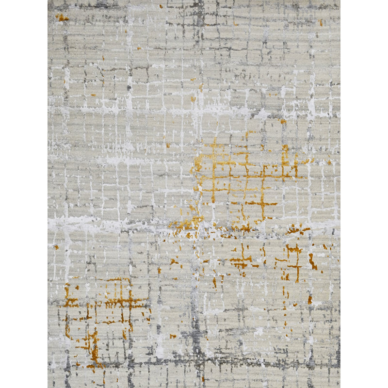 Hand Knotted Abstract Area Rug in Silver/Gray/Sand, Rectangle 3'6" x 4'8"