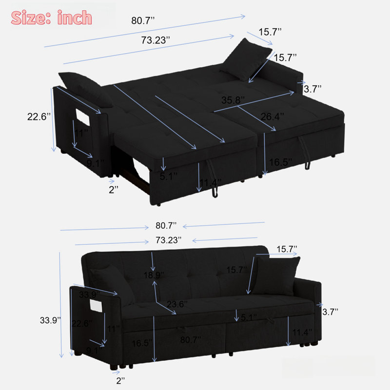 3 In 1 Convertible Sleeper Sofa Bed With Reclining Backrest, Pillows And Side Pockets, Black