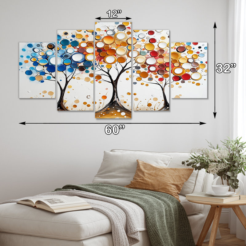 Automne orange et bleu, arbre, saisons, reflets III - ensemble abstrait d'art mural Mid-Century
