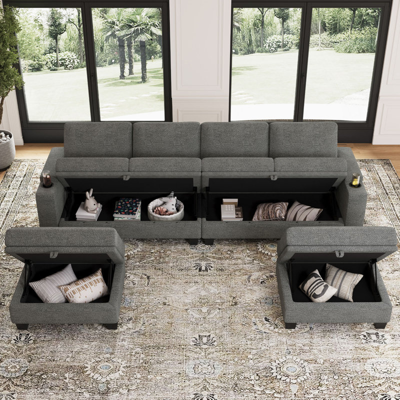 Anjana Penelopa Chenille U Shaped Sectional Modular Sofa With Storage Seats And 2 Movable Storage Ottomans For Apartment Living Room