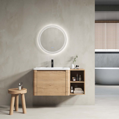 Meuble-lavabo mural avec lavabo en céramique et tablettes de rangement et 1 porte à fermeture en douceur