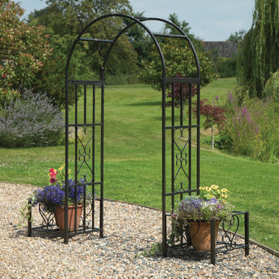 Larson Metal Arbour in Black with Planters W214cm x D50cm x H204cm