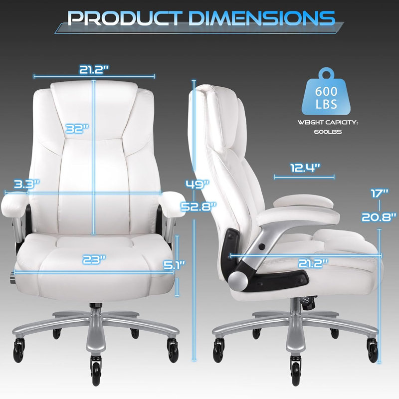 Grande et grande chaise de bureau avec accoudoirs rabattables et réglables, Blanc