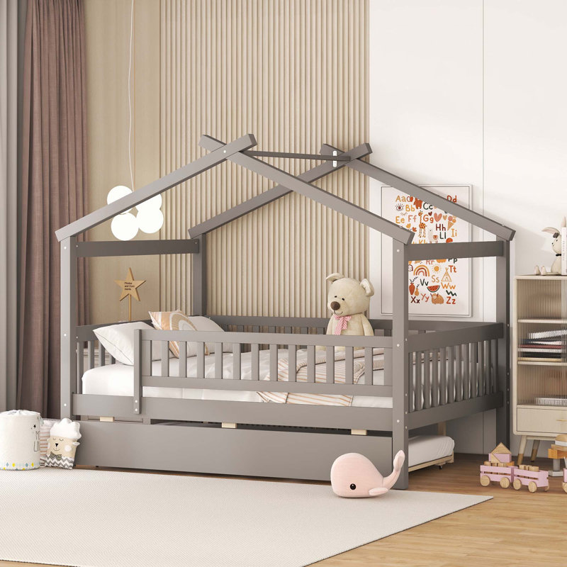 Lit en bois avec lit gigogne simple, Gris, Full