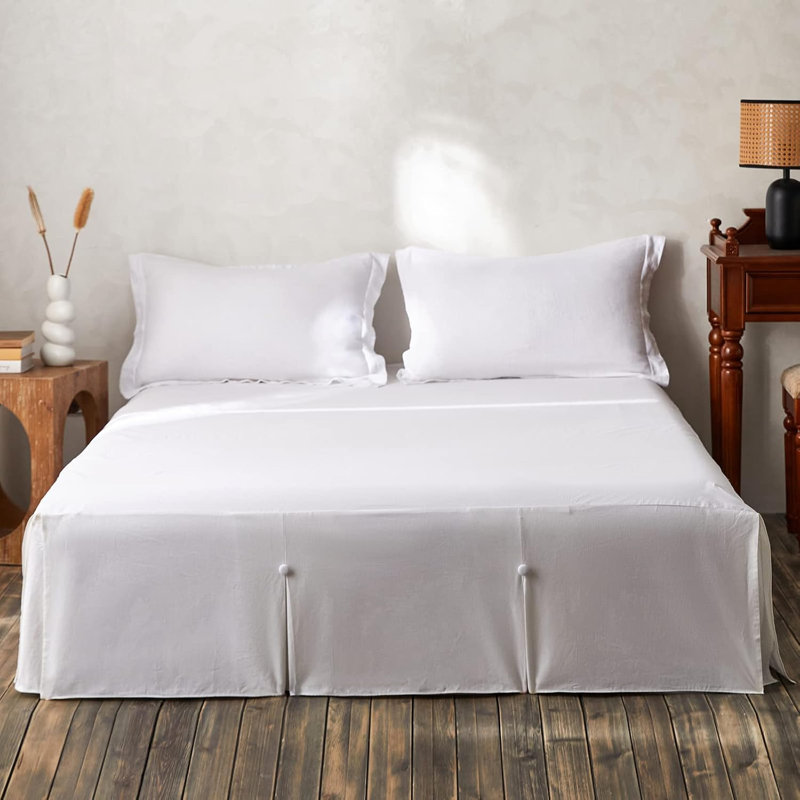 French Linen Bed Skirt Split Corner with Button Drop, White, 14, Queen