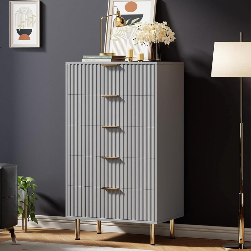 Grey 5-Drawer Tall Dresser, Fluted Wood Chest with Gold Legs for Bedroom