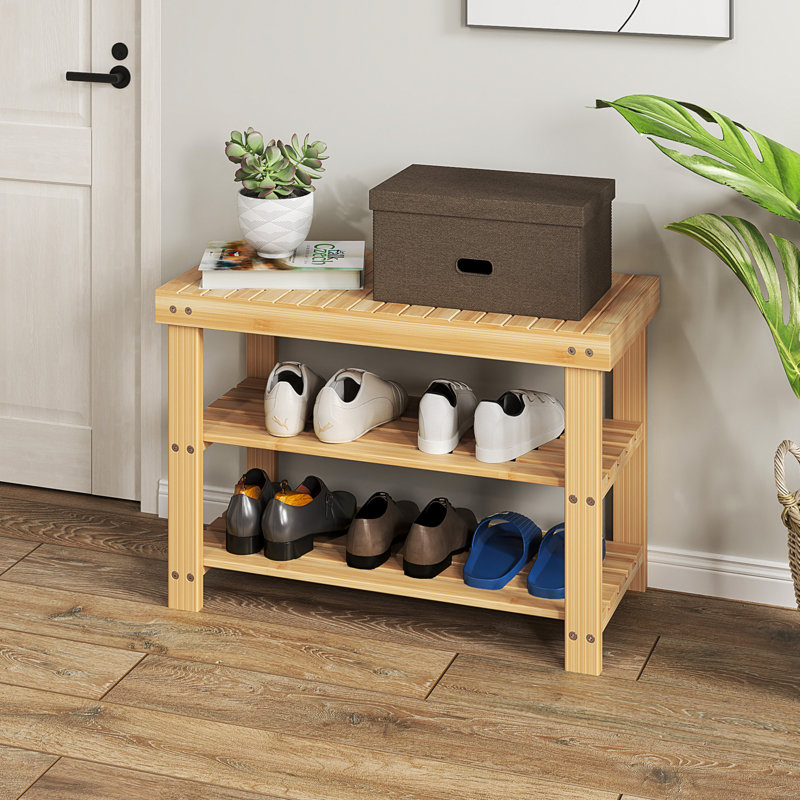Étagère à chaussures en bambou naturel 6-9 paires de chaussures, rangement et banc à chaussures à 3 niveaux multifonctionnels, rangement peu encombrant