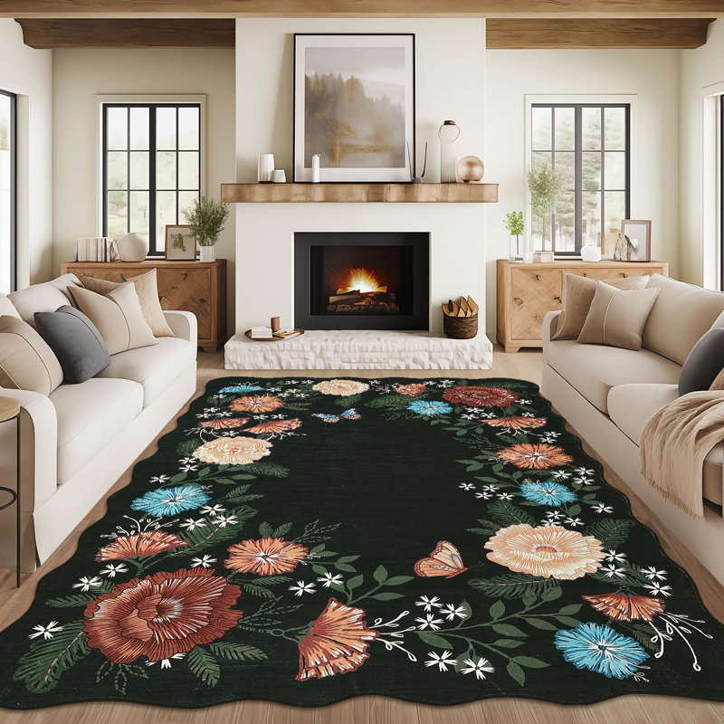 Floarl Machine Washable Rug with Rubber Backing for Living Room Modern Non-Slip Dining Room Rug Easy-Cleaning Floor Carpet for Bedroom Dorm Playroom