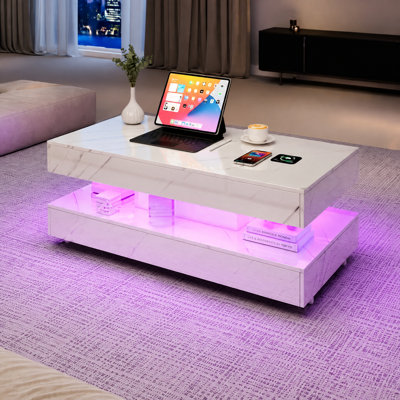 Betty 47.2" Modern Smart Coffee Table with Wireless Charging, Bluetooth Speakers & 24-Color LED, High Gloss Faux Marble Center Table with 2 Drawers