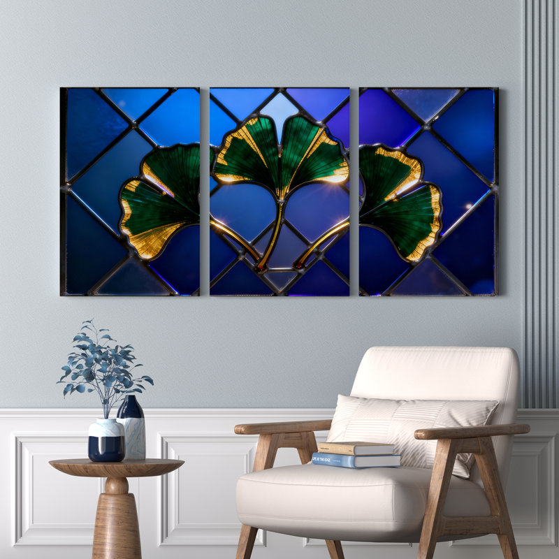 Ensemble de 3 tableaux muraux en toile tendue représentant des feuilles de ginkgo, avec vitrail, H 30 po x l 60 po