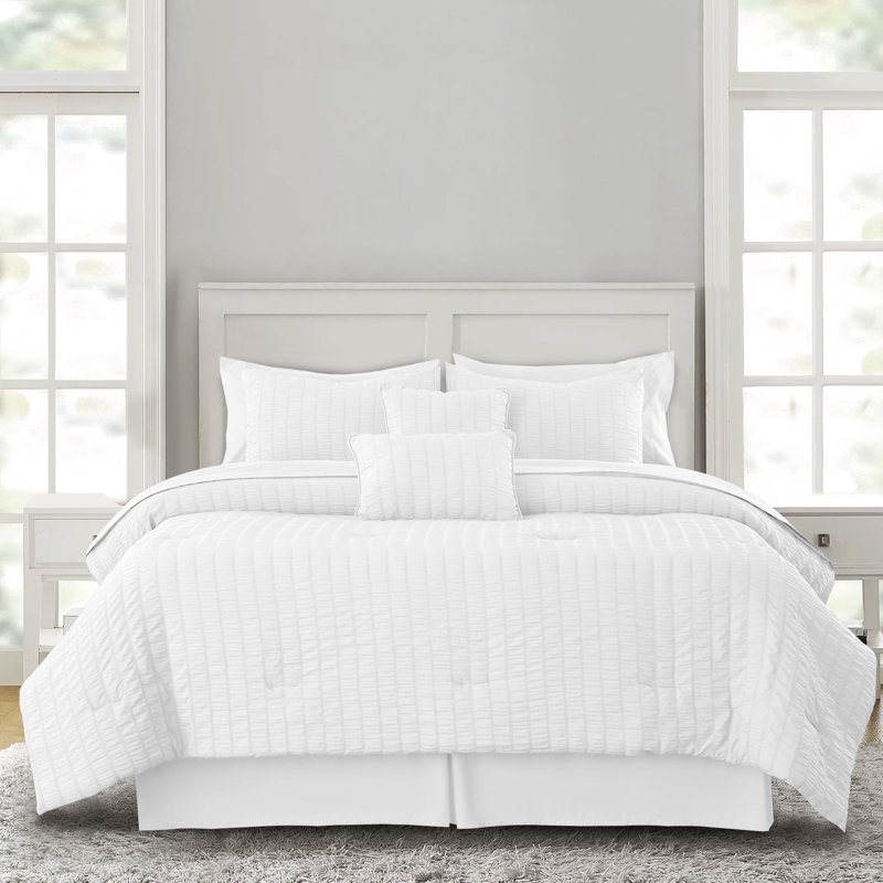 10 Pcs MF Comforter Set Bed in a Bag for All Seasons Seersucker Lightweight Comforter Set with Sheets, White