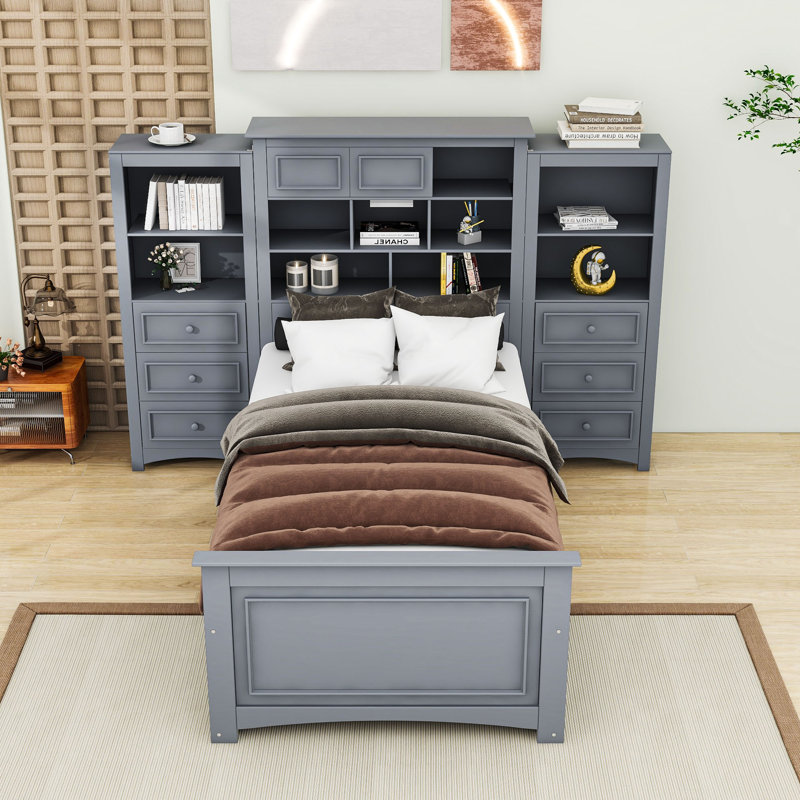 Lit plateforme en bois avec tiroirs et tablettes Brandace, gris