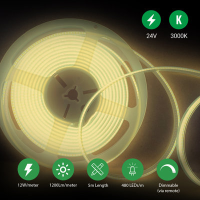 Ener-J 5m Dotless COB LED Strip Kit 480 LEDs per Metre Warm White 3000K 24V with UK Plug and Dimming Remote