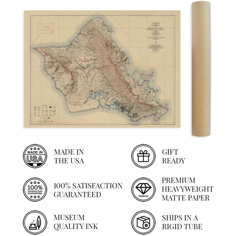 1938 Island of Oahu Map - Impression sur papier non encadrée, H 24 po x l 36 po x P 0,1 po