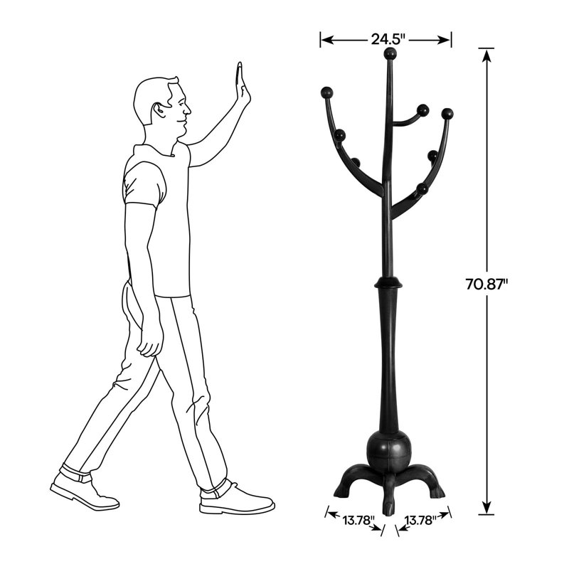 Black Rubber Wood Freestanding Coat Rack with 8 Hooks